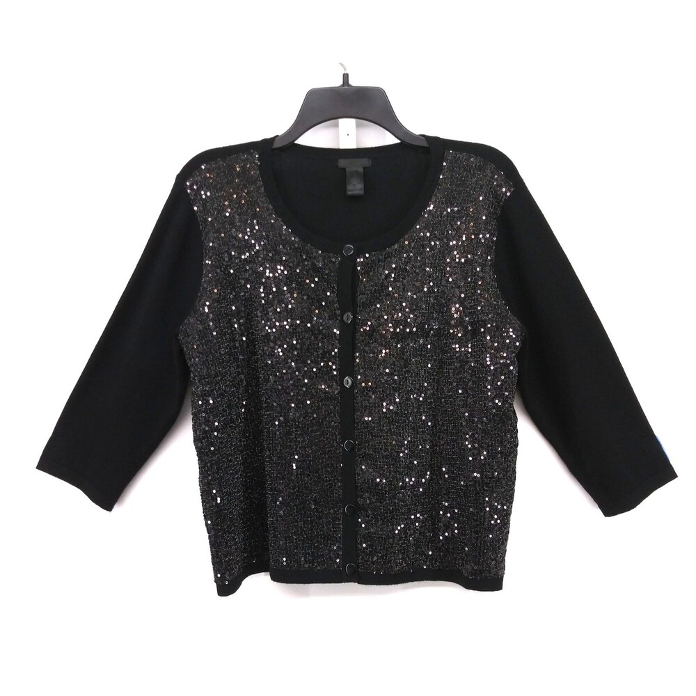 Nue Options Sweater Women Large Black Sequin Front 3/4 Sleeve Button Up Cardigan